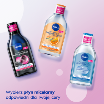 Trzy butelki NIVEA płynów micelarnych: czarny profesjonalny, pomarańczowy energetyzujący, niebieski odświeżający.