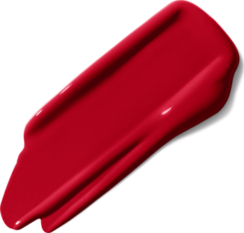 Intensywny, czerwony, lśniący swatch szminki Maybelline Super Stay Matte Ink na białym tle, widok z bliska.