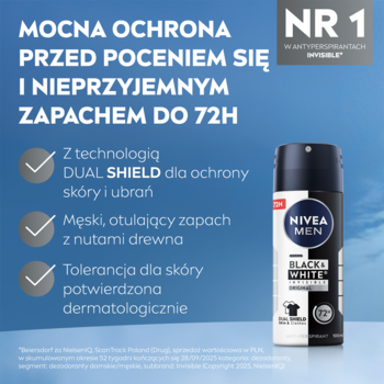 Antyperspirant NIVEA MEN Black & White 72H, butelka spray na niebieskim tle z opisem cech.