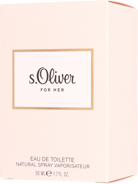 Jasnoróżowe pudełko s.Oliver For Her Eau de Toilette, widok pod kątem, z napisem i pojemnością 50ml.