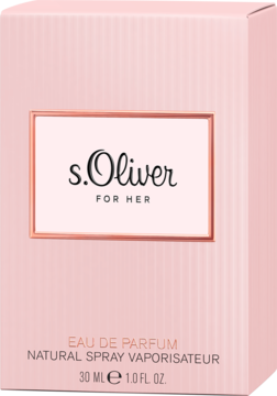 Różowe pudełko perfum s.Oliver For Her Eau de Parfum 30 ml, z logo w ramce, widok z przodu.