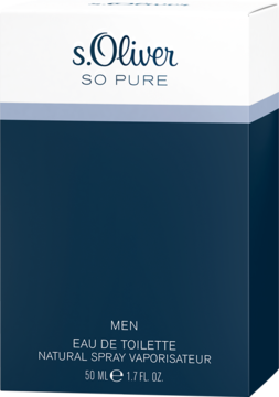 Woda toaletowa s.Oliver So Pure Men, 50 ml, granatowe pudełko z białym topem, widok frontalny.