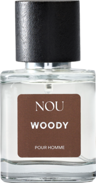 Nou Woody Męska woda toaletowa, szklana butelka z brązową etykietą i czarną nakrętką, widok z przodu.