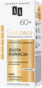 Front of AA 5 REPAIR Złota Kuracja krem pod oczy 60+, biało-złote pudełko z napisem ALLERGY TESTED.