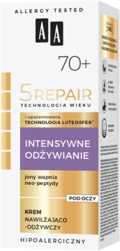 AA 5 Repair nawilżająco-odżywczy krem pod oczy 70+ w białym pudełku, z fioletowo-złotymi detalami.