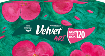 Velvet Art chusteczki 3-warstwowe, kompaktowe pudełko z zielonym tłem, różowe kwiaty, logo, 120 sztuk.