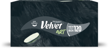 Velvet Art New Compact Box 120, opakowanie 3-warstwowych chusteczek z falistą etykietą na ciemnym tle.