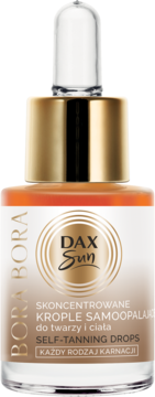 Buteleczka Dax Sun Bora Bora Self-Tanning Drops z pipetą, biała etykieta, złotym kołnierzem, front.
