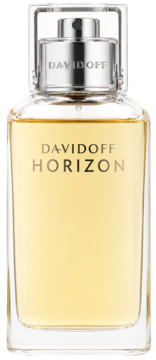 Davidoff Horizon, męska woda toaletowa, prostokątna butelka z bursztynowym płynem i srebrnym napisem, widok z przodu.