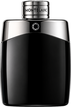 Montblanc Legend Eau de Toilette w czarno-srebrnej butelce, widok z przodu, z logo na zakrętce.