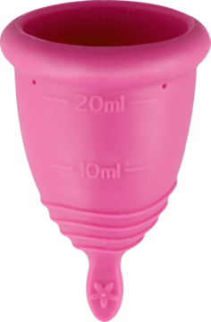 Różowy kubeczek menstruacyjny Facelle w rozmiarze M, z miarką 10ml i 20ml oraz stopką z kwiatkiem, widok z przodu.