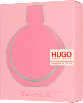 Hugo Boss Woman Extreme, woda perfumowana 75ml, różowe pudełko z srebrnym zarysem flakonu, widok przodem.