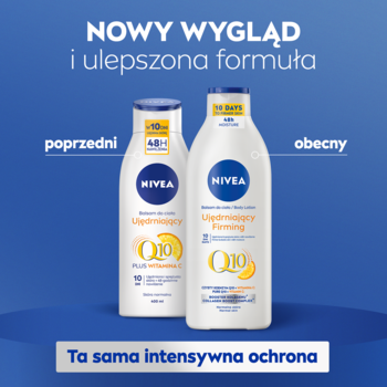 Dwa balsamy NIVEA Q10 Ujędrniający: poprzednia i nowa wersja, z opisem zmian na niebieskim tle.