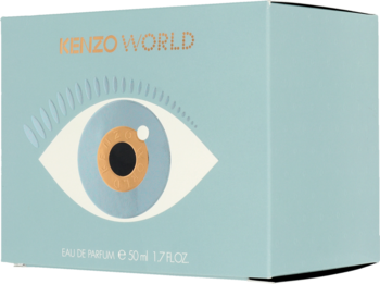 Jasnoniebieskie opakowanie perfum Kenzo World z dużym okiem i złotym napisem, widok pod lekkim kątem.