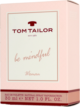 Tom Tailor Be Mindful Woman EDT 30ml w różowo-białym pudełku, widok z przodu, lekko pod kątem.