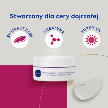 Nivea krem przeciwzmarszczkowy + modelujący 65+ z ekstraktem soi, kreatyną, filtrami UV na różowym tle.