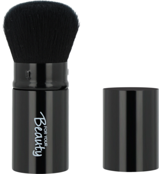Czarny, wysuwany pędzel For Your Beauty Kabuki do pudru, z białym napisem i osobno leżącą czarną nasadką.
