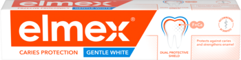 Elmex Protection Gentle White pasta do zębów, biało-pomarańczowe opakowanie, widok z przodu, logo elmex.