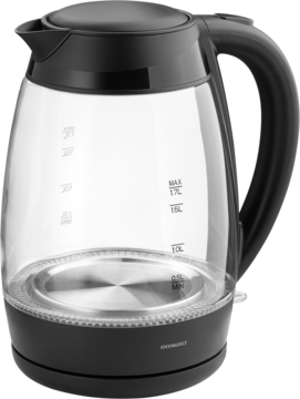 Szklany czajnik 1,7L borokrzemowy, 2200W, z czarnym uchwytem i miarką, widok z przodu.