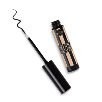 WIBO Flock Liner, intensywnie czarny eyeliner z wyciągniętym pędzelkiem, tworzący precyzyjną, falistą kreskę.