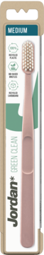 Szczoteczka do zębów Jordan Green Clean Medium, różowa z bioplastiku w eko-opakowaniu, widok przód.