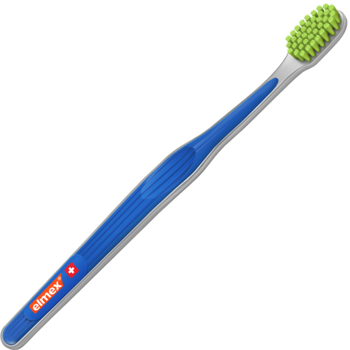 Szczoteczka do zębów elmex Ultra Soft, niebieska, z zielonymi, ultra miękkimi włóknami 0.1mm, S-kształtny uchwyt.