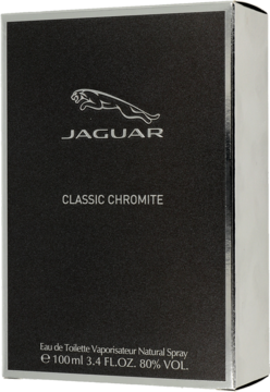 Czarny, matowy kartonik wody toaletowej Jaguar Classic Chromite dla mężczyzn, ze srebrnym logo, ujęcie pod kątem.