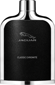 Woda toaletowa Jaguar Classic Chromite w eleganckim, czarno-srebrnym flakonie z logo Jaguara, widok z przodu.