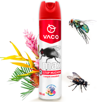 VACO MAX spray owadobójczy na muchy, czerwono-biała puszka z logo, otoczona kwiatami i latającymi insektami.