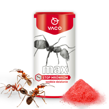 VACO MAX proszek na mrówki, biało-czerwone opakowanie, z mrówkami i czerwoną trutką w proszku.