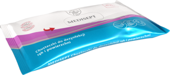 Biało-turkusowe opakowanie chusteczek dezynfekujących Medisept do rąk i powierzchni, widok ukośny z góry.