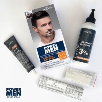 Power Men Color Cream: farba do włosów i brody dla mężczyzn, zestaw z tubą, butelką i pudełkiem.