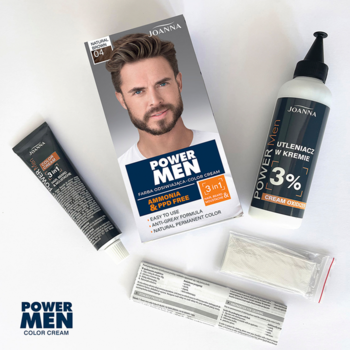 Power Men Color Cream zestaw męskiej farby do włosów na siwe włosy, z tubką i butelką, widok z góry.