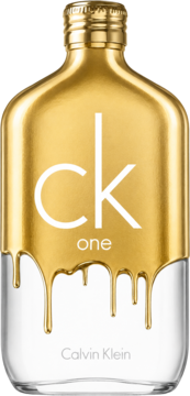 Calvin Klein CK One Gold woda toaletowa w złotej butelce z topionym złotem na przezroczystym szkle i białym logo.