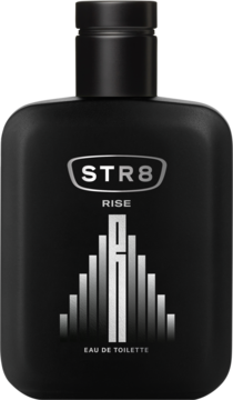 Czarna, matowa butelka STR8 Rise Eau de Toilette z srebrnym logo i grafiką, widok z przodu.