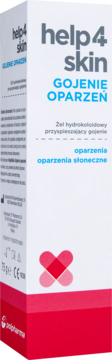 help4skin Gojenie Oparzeń, żel hydrokoloidowy, białe pudełko z czerwonym spodem i logo, widok z przodu.