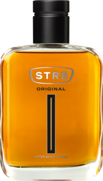 STR8 Original After Shave, aromatyczno-drzewny, bursztynowy płyn w szklanej butelce, widok z przodu.