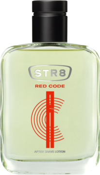 STR8 Red Code After Shave Lotion, zielona woda po goleniu w przezroczystej butelce z czarną nakrętką, widok z przodu.