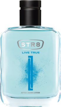 STR8 Live True, męski After Shave Lotion, aromatyczno-przyprawowy, błękitna butelka, widok z przodu.