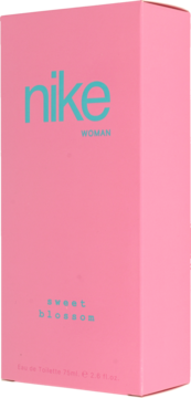 Różowe pudełko wody toaletowej Nike Sweet Blossom Woman 75ml, z turkusowym napisem, widok z przodu.