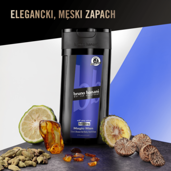 Bruno Banani Magic Man shower gel, black bottle, surrounded by bergamot, cardamom, amber, nutmeg. Masculine scent.