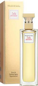 Elizabeth Arden 5th Avenue woda perfumowana w złotym pudełku i przezroczystym flakonie z jasnym płynem, widok z przodu.