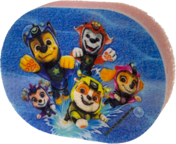 Owalna gąbka do kąpieli dla dzieci Paw Patrol Aqua Pups, różowa krawędź, widok z góry.