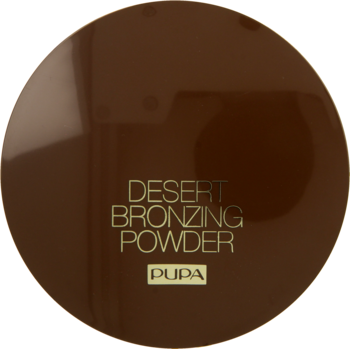 Puder brązujący Pupa Desert Bronzing Powder w okrągłym, brązowym kompakcie, widok z góry, z napisem na wieczku.