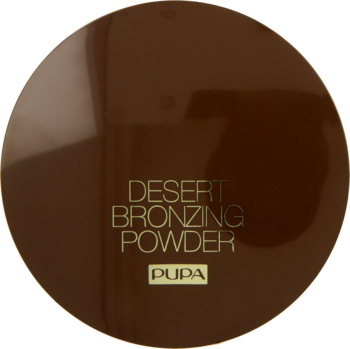 Puder brązujący Pupa Desert Bronzing Powder w ciemnobrązowym, okrągłym kompakcie maxi, widok z góry.