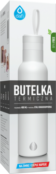 Biała butelka termiczna Dafi 400ml, stal nierdzewna, na zimne i ciepłe napoje, w białym pudełku, widok z przodu.