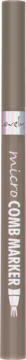 Wypełniający pisak do brwi z mikro grzebieniem, szarobrązowa tubka z holograficzną opaską, widok z przodu.
