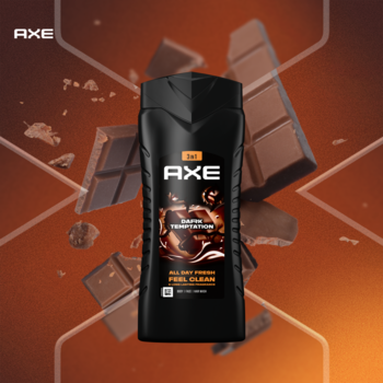 AXE męski żel pod prysznic 3w1 Dark Temptation, czarna butelka z grafiką czekolady na tle rozrzuconych kostek.