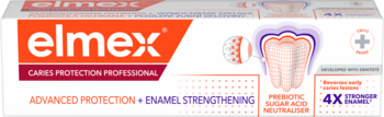 Elmex pasta do zębów Caries Protection Professional, białe pudełko z pomarańczowym pasem, widok z przodu.