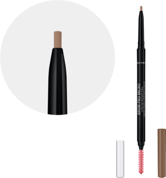 Rimmel Brow Pro Micro Blonde, ultracienka kredka do brwi z różową szczoteczką i zbliżeniem na końcówkę.